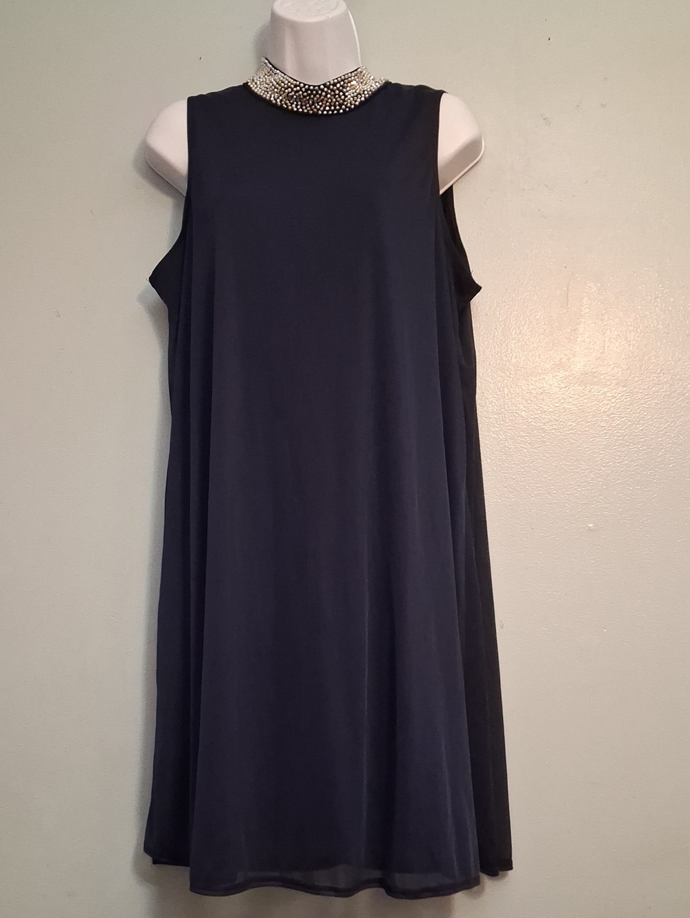 Nik And Nash Size XL women's Beaded-Collar Navy Sleeveless A-Line Mini Dress